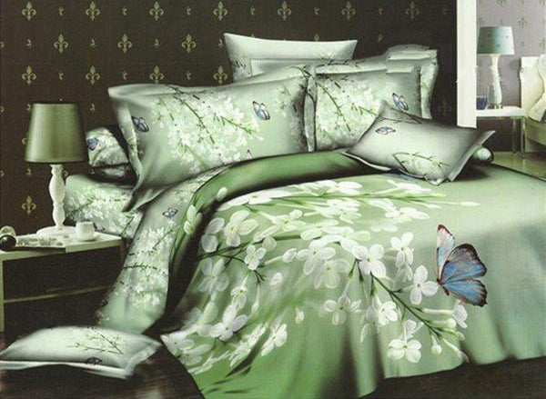 3D White Blooms and Butterfly Green Cotton Luxury 4-Piece