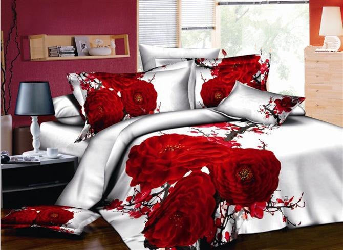 3D Red Blossoms Printed Cotton Luxury 4-Piece White Bedding Sets