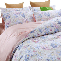 Pink Blue Rose Print Graceful Luxury 4-Piece Cotton Duvet Cover Sets