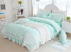Princess Style Lace Edging Mint Green Cotton Luxury 4-Piece Bedding Sets