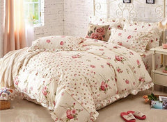 Pastoral Style Floral Print Beige Cotton Luxury 4-Piece Bedding Set/Duvet Cover