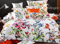 Birds Flowers Watercolor Painting Pastoral Style Luxury 4-Piece Cotton Bedding Set