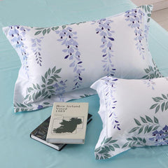 Designer Brocade Green Leaves Strings and Purple Flowers Luxury 4-Piece Cotton Bedding Sets