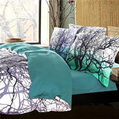 Brocade Tree Branches Cluster Printed Green Luxury 4-Piece Cotton Bedding Sets