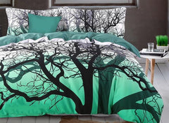 Brocade Tree Branches Cluster Printed Green Luxury 4-Piece Cotton Bedding Sets